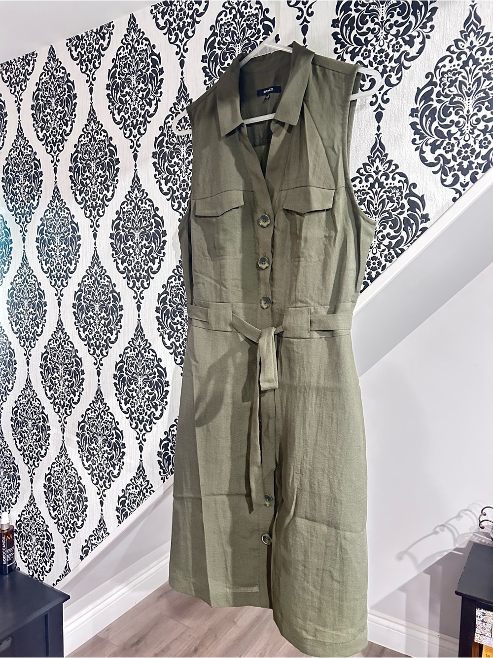 RW&CO. Olive Sleeveless Button-Front Shirt Dress with Waist Tie